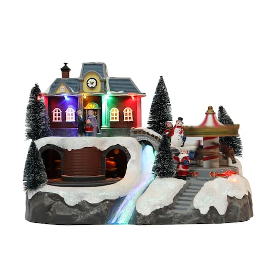 Moments in Time 12.25" Animated Train Station & Carousel Scene Décor